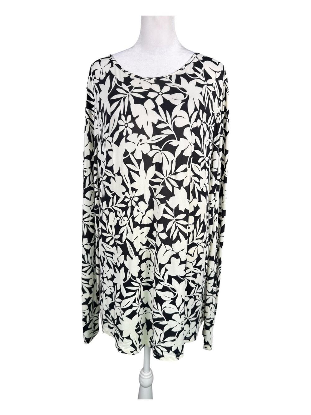 Lands End Women's XL 18 Swim Shirt Rash Guard Long Sleeve Black Ivory Floral